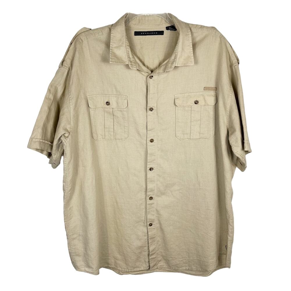 SEAN JOHN | Tan "Safari" Linen Blend Short Sleeve Casual Button Down Shirt